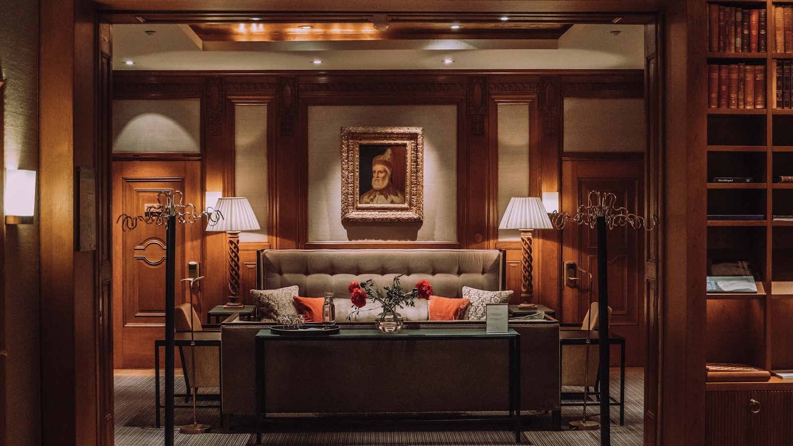 Wood-paneled luxury hotel lounge interior